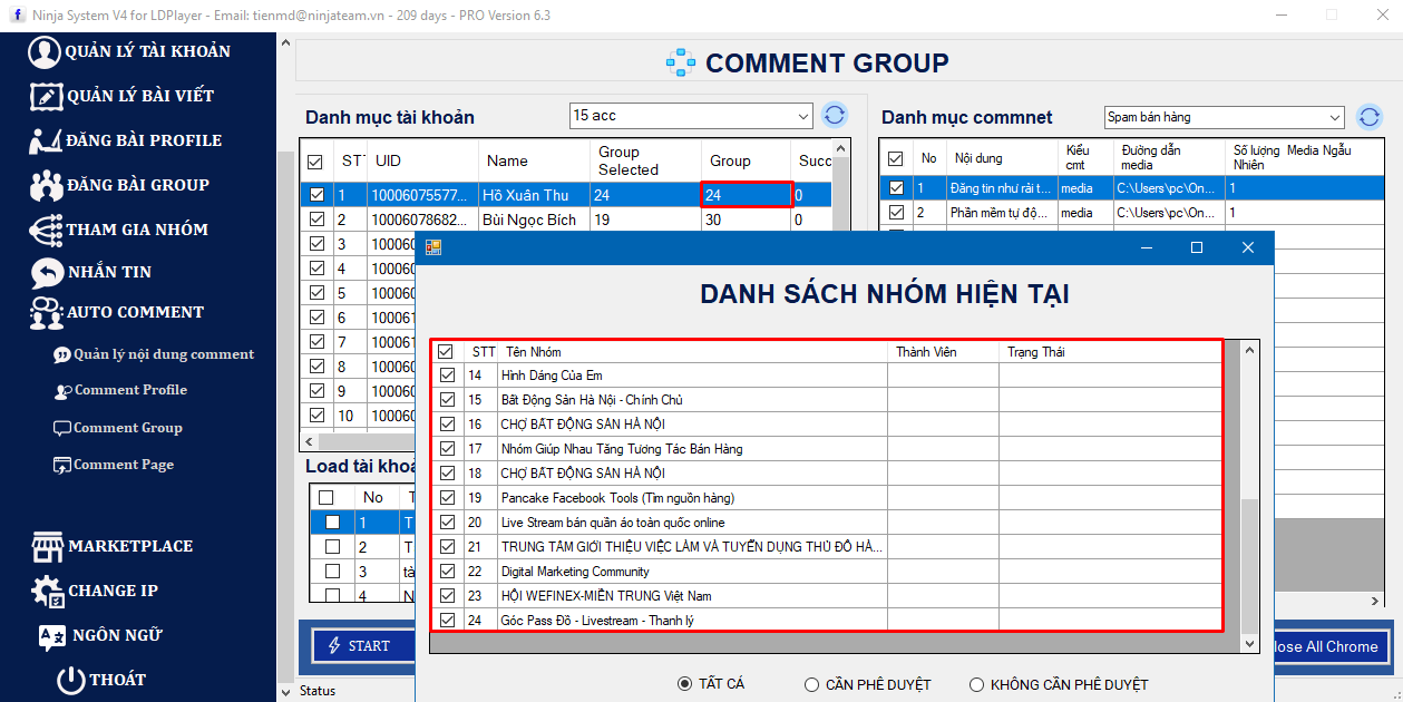 Chọn danh sách group muốn auto Comment