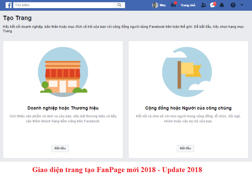 Giao diện tạo trang FanPage sau tháng 8-2018